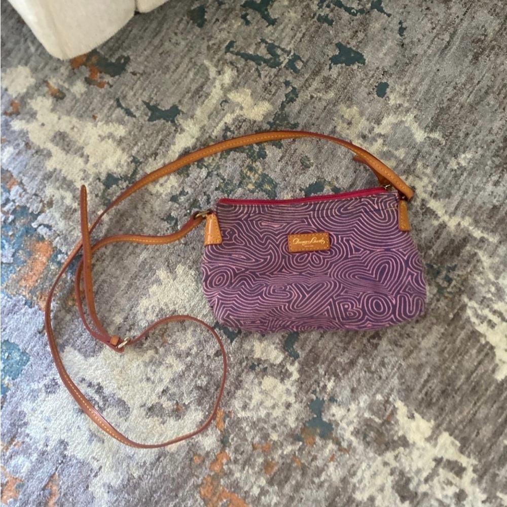 Dooney & Bourke Purple Patterned Crossbody Bag with Tan Strap